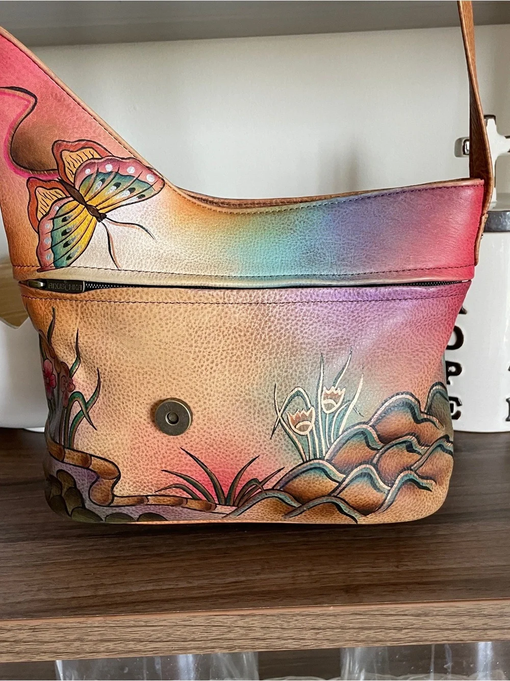 Anuschka Hand-Painted Floral & Butterfly Shoulder Bag